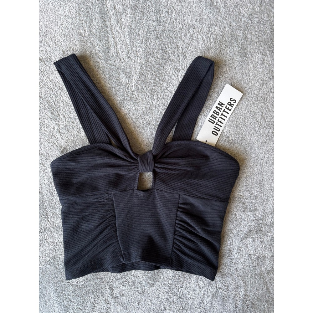 Urban Outfitters Womens Crop Top Small Black Ribbed Knot Keyhole Ruched Stretchy
